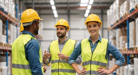 Confident female warehouse worker smiling at the camera with colleagues. Diverse team of logistics professionals in a large distribution center. Teamwork and industrial safety concept