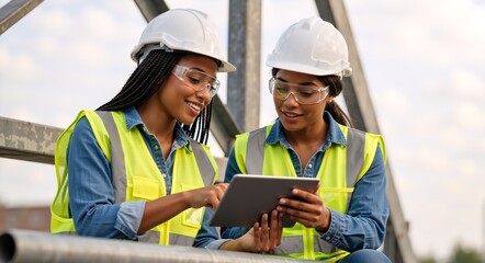 Two female construction workers using a digital tablet on site. Happy women engineers wearing hard hats and safety vests discussing a project