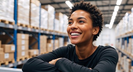Happy African American warehouse worker smiling in a distribution center. Young female logistics employee or business owner standing near shelves with boxes. Supply chain and inventory management