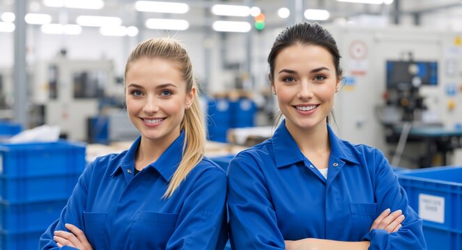 Portrait of two smiling female factory workers standing with arms crossed. Young women in blue uniforms in an industrial manufacturing plant - Powered by Adobe