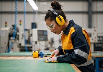 Female factory worker wearing safety gear cutting material on a workbench. Industrial manufacturing employee with ear muffs and glasses working in a plant