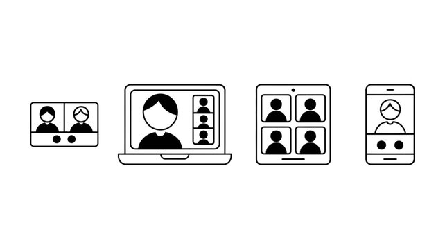 Video conferencing icons set showing online meetings on various digital devices including laptops, tablets, and smartphones, perfect for remote work visuals