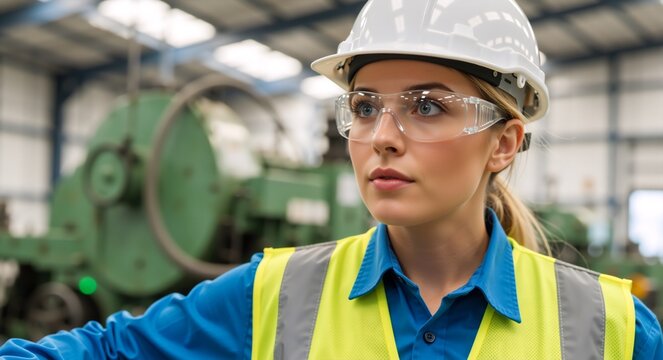 Female industrial worker wearing hard hat and safety glasses in a factory. Young woman engineer portrait in manufacturing plant - Powered by Adobe