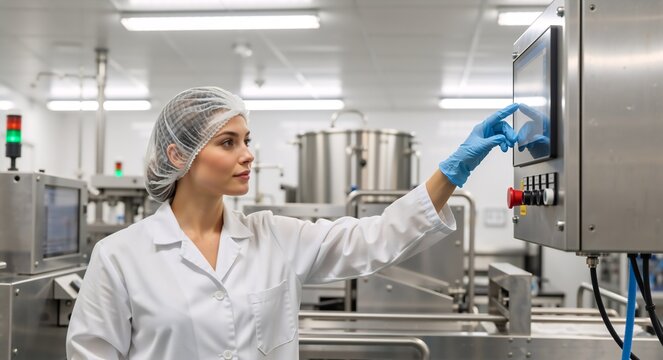 Female factory worker operating industrial machine with touch screen. Woman in sterile lab coat and hairnet controlling pharmaceutical production line