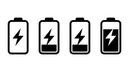 Fototapeta premium Black battery charging icons displaying progressive power levels with a lightning bolt, symbolizing energy, technology, and mobile device status.