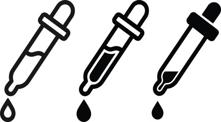 Set of Three Dropper Pipette Icons, Outline Glyph and Mixed Styles, Science Laboratory Liquid Measurement Experiment Symbol, Monochrome Vector Graphic