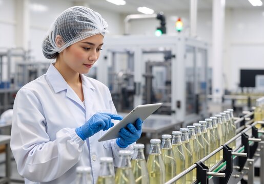 A female quality control inspector uses a digital tablet in a beverage factory. An Asian worker monitors the automated production line in a food and drink manufacturing plant