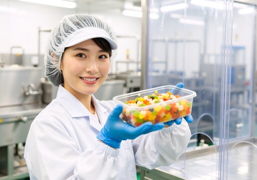 Smiling female worker in a food factory holding a container of gummy candies. Young asian professional performing quality control in a confectionery production facility - Powered by Adobe