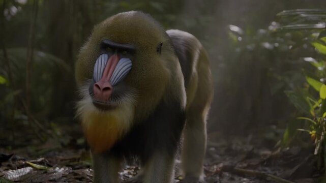 Intense mandrill gaze captured in lush jungle habitat, a moment of wildlife wonder, creating a captivating and immersive experience in nature's vibrant realm