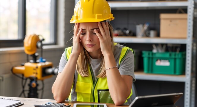 Stressed female construction worker with a headache at her office desk. Overwhelmed engineer in a hard hat feeling job pressure and burnout. Mental health in the workplace concept