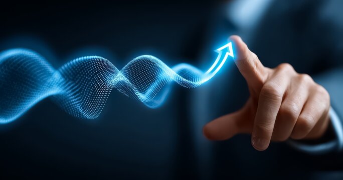 Hand is pointing to a blue wave with a green arrow. Concept of progress and growth