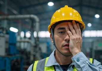 Tired industrial worker in a hard hat feeling stressed at a factory. Portrait of a fatigued male engineer experiencing burnout. Occupational health and safety concept
