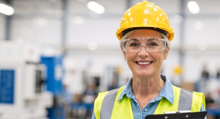 Portrait of a smiling female industrial worker wearing a hard hat and safety glasses. Confident woman engineer or supervisor in a factory setting with copy space