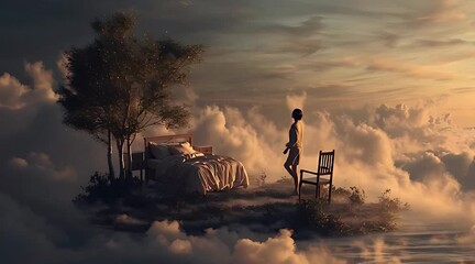 Surreal dreamscape of a silhouette figure on a floating island bedroom with a tree and chair above the clouds during a golden sunset - Powered by Adobe