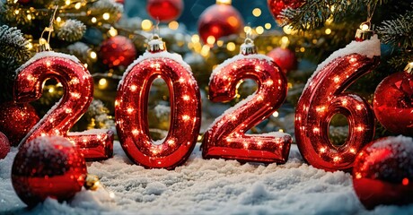 Bright red numerals spell 2026. Festive scene includes snow, ornaments, lights, blurred evergreen background. Holiday celebration imagery.