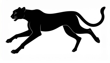 Powerful silhouette of a running black panther, a minimalist vector icon representing wildness, speed, and agility