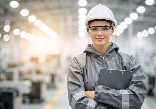 Confident female engineer in a hard hat and safety glasses at a factory. Professional industrial worker smiling in a modern manufacturing plant with copy space - Powered by Adobe