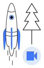 Rocket blasting off next to a stylized pine tree and video camera icon in blue and black. Ideal for innovation, creativity, storytelling, exploration, progress, technology, nature. Simple flat