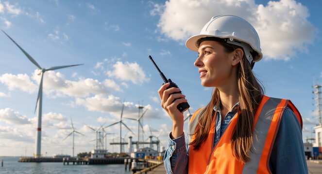 Female engineer using a walkie-talkie at a wind turbine farm. Professional woman in a hard hat working in the renewable energy industry. Sustainable power generation concept - Powered by Adobe