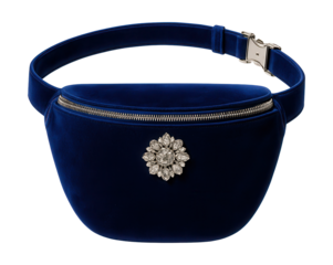 Royal blue velvet waist bag featuring a decorative crystal brooch.