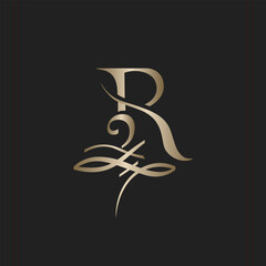 Gold Letter R logo on Black Background. Unique Artistic Design with Graceful Lines. Hand-drawn. Stylish and Elegant Monogram for Branding, Boutique, Restaurant. Minimalistic Sign. Vector Illustration