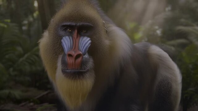 Majestic mandrill monkey gazing in lush jungle environment, captivating wildlife scene with colorful primate and dense foliage, perfect for nature documentaries and conservation efforts