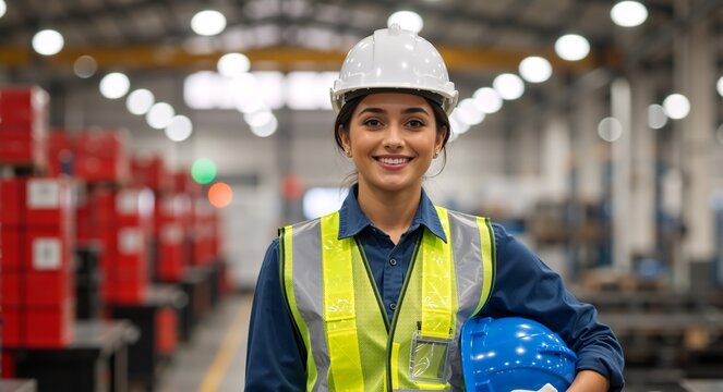 Portrait of a smiling female factory worker wearing a hard hat. Confident young woman engineer standing in a large manufacturing plant. Industrial workplace safety concept