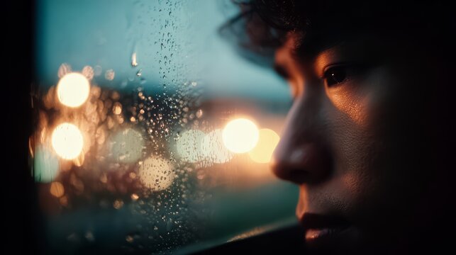 Man with dark hair and a serious expression looking out a window. The window is foggy
