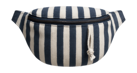 Navy and white striped cotton fanny pack featuring a rope drawstring.