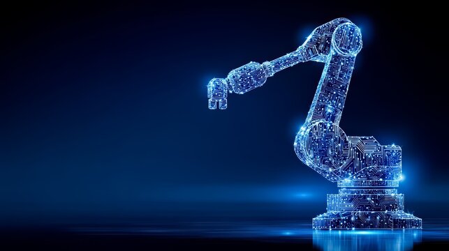 Robot is shown in a blue background with a glowing blue light. The robot is a large, metallic structure with a blue