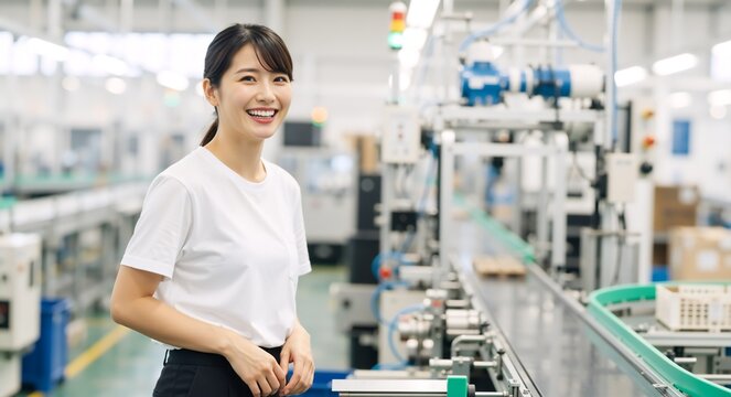 Smiling young asian woman working in a factory. Portrait of a female engineer on a modern production line with machinery