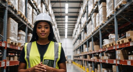 Portrait of a female warehouse worker wearing a hard hat and safety vest. Young Black woman standing in an industrial distribution center aisle. Logistics and supply chain concept
