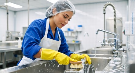 Female kitchen worker washing dishes in a commercial sink. Young woman scrubbing a pot with a brush and yellow gloves while wearing a hairnet and apron