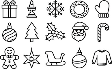 Set of Fifteen Christmas Holiday Line Icons, Winter Celebration Outline Symbols, Simple Minimalist Xmas Festive Decoration Graphic Vector Collection