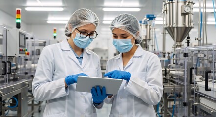 Two female scientists wearing masks and protective gear using a digital tablet in a pharmaceutical factory. Industrial workers analyzing data near manufacturing machinery