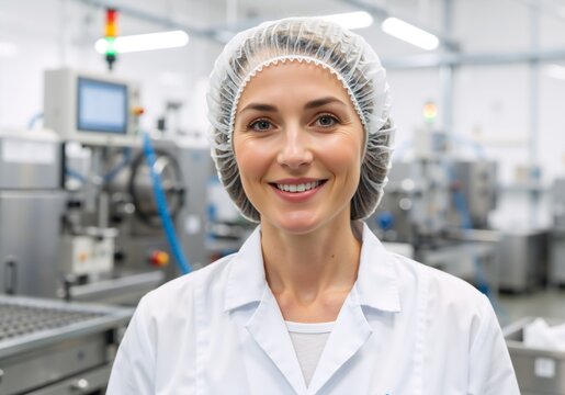Smiling female factory worker wearing a hairnet and lab coat in a manufacturing plant. Professional woman in sterile uniform standing in a food processing facility. Industrial quality control concept - Powered by Adobe