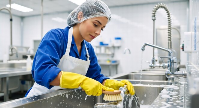 Female kitchen worker washing dishes in a commercial sink. Young woman scrubbing a pot with a brush and yellow gloves while wearing a hairnet and apron