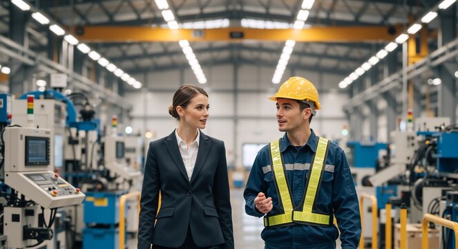 Factory worker and businesswoman walking and talking in a modern manufacturing plant. Industrial engineer explaining production process to a female manager. Industry collaboration concept