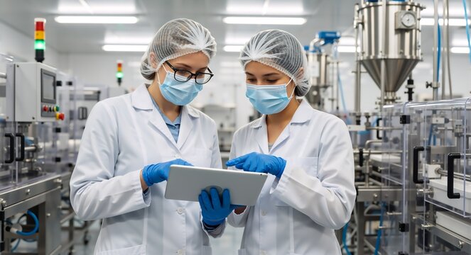Two female scientists wearing masks and protective gear using a digital tablet in a pharmaceutical factory. Industrial workers analyzing data near manufacturing machinery