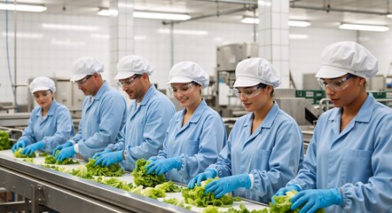 Factory workers sorting fresh lettuce on a conveyor belt in a food processing plant. Team of employees in hygienic uniforms and safety gear inspecting vegetables. Industrial food production concept