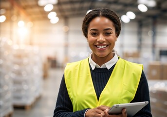 Smiling female warehouse worker holding a digital tablet. African American logistics manager in safety vest checking inventory. Industrial distribution center portrait