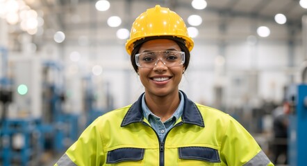 Portrait of a smiling female industrial worker wearing a hard hat and safety goggles in a factory. Happy woman engineer standing in a manufacturing plant background