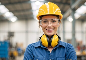 Portrait of a smiling female industrial worker wearing a yellow hard hat and safety goggles in a factory. Happy woman engineer with ear defenders. Industrial safety concept