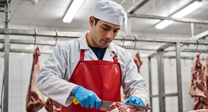 Professional male butcher cutting raw meat in a processing factory. Worker wearing a red apron and blue gloves slicing beef with a knife - Powered by Adobe