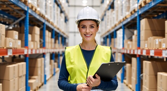 Smiling female warehouse worker holding a clipboard in a distribution center. Portrait of a happy logistics employee wearing a hard hat and safety vest standing in an aisle with boxes
