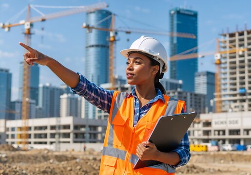 Professional female engineer in a hard hat and safety vest pointing at a construction site. African American project manager supervising urban development