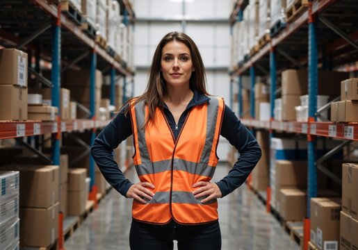 Confident female warehouse worker standing in an aisle with boxes. Woman in orange safety vest managing logistics in a distribution center. Industrial employee portrait