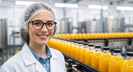 Smiling female worker in hairnet and lab coat standing by orange juice bottling line. Quality control specialist in modern industrial factory