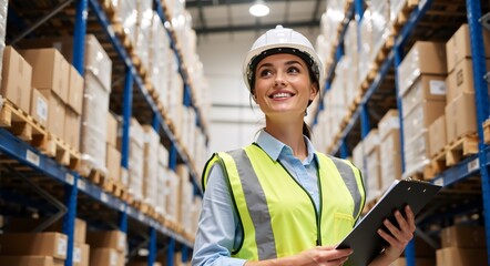 Smiling female warehouse worker with a clipboard checking inventory. Professional logistics manager in a hard hat standing in a large distribution center