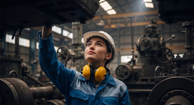 Female industrial worker inspecting machinery in a factory. Young woman engineer with hard hat and ear defenders checking equipment